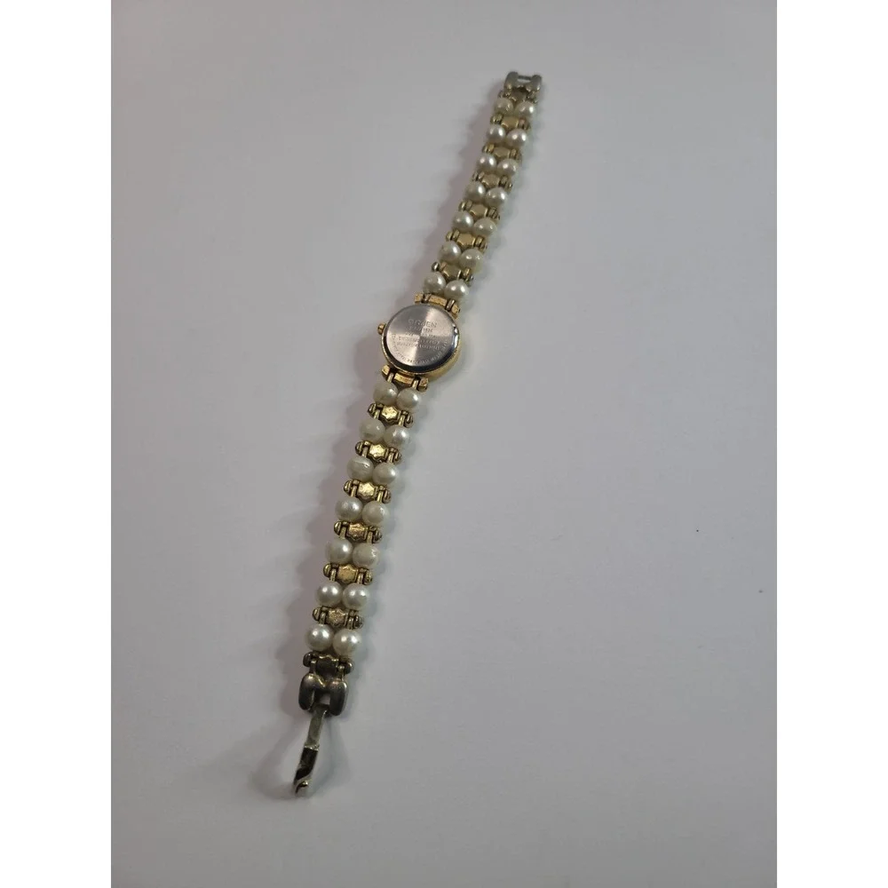 Vintage Gruen Green Dial Watch Gold Tone Double Row Pearl Bead Bracelet